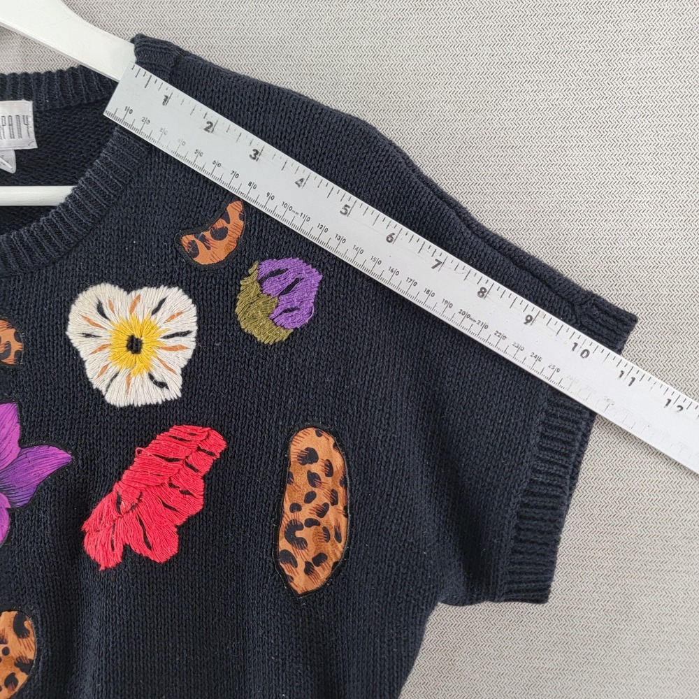 Vintage Sweater Embroidered Floral 80s 90s Boho Pullover Womens Medium Black - Picture 6 of 7